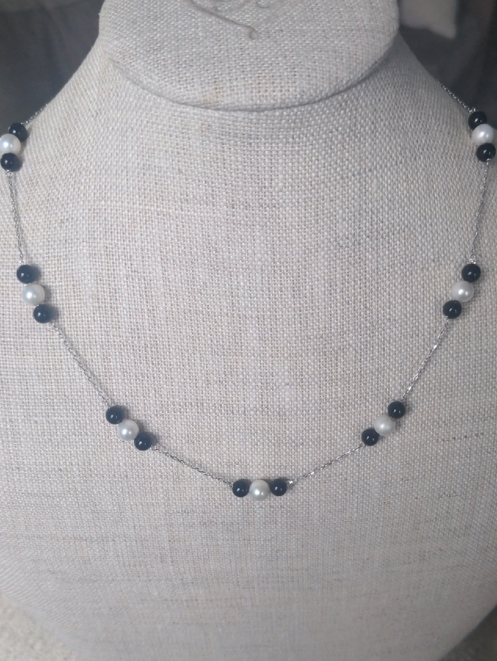Sterling Silver Black Onyx & White  Freshwater Pearls Station Necklace, 18", NEW